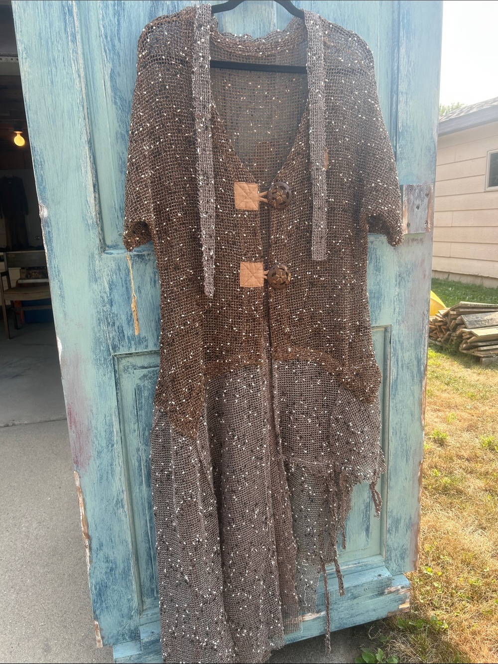 Upcycled ship wrecked beach pirate open weave tattered cardigan duster
